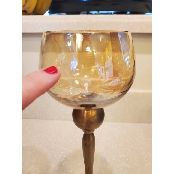 Brass And Colored Glass Candle Holder Goblet Tealight Votive 10 Inches tall‎ VTG - Picture 7 of 9